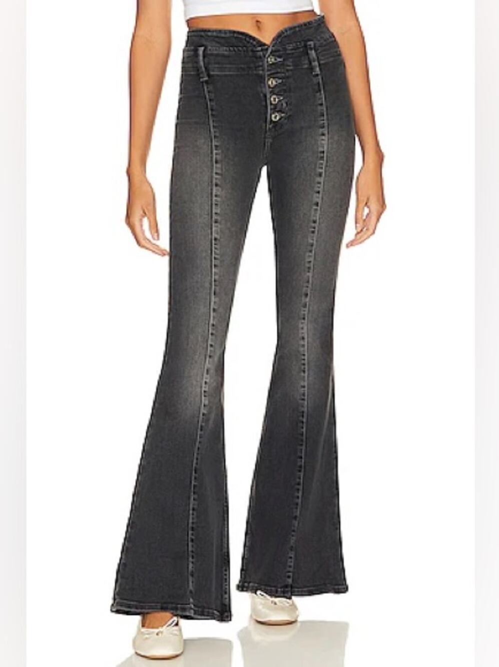Free People After Dark Mid Rise Flared Jeans Vintage Black Button Fly Flare 31